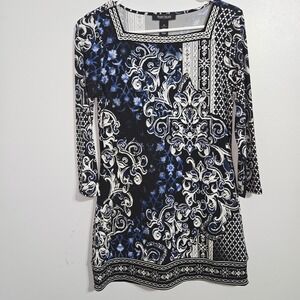 S#62 White House Black Market Square Neck 3/4 Sleeve Print‎ Mini Dress XS